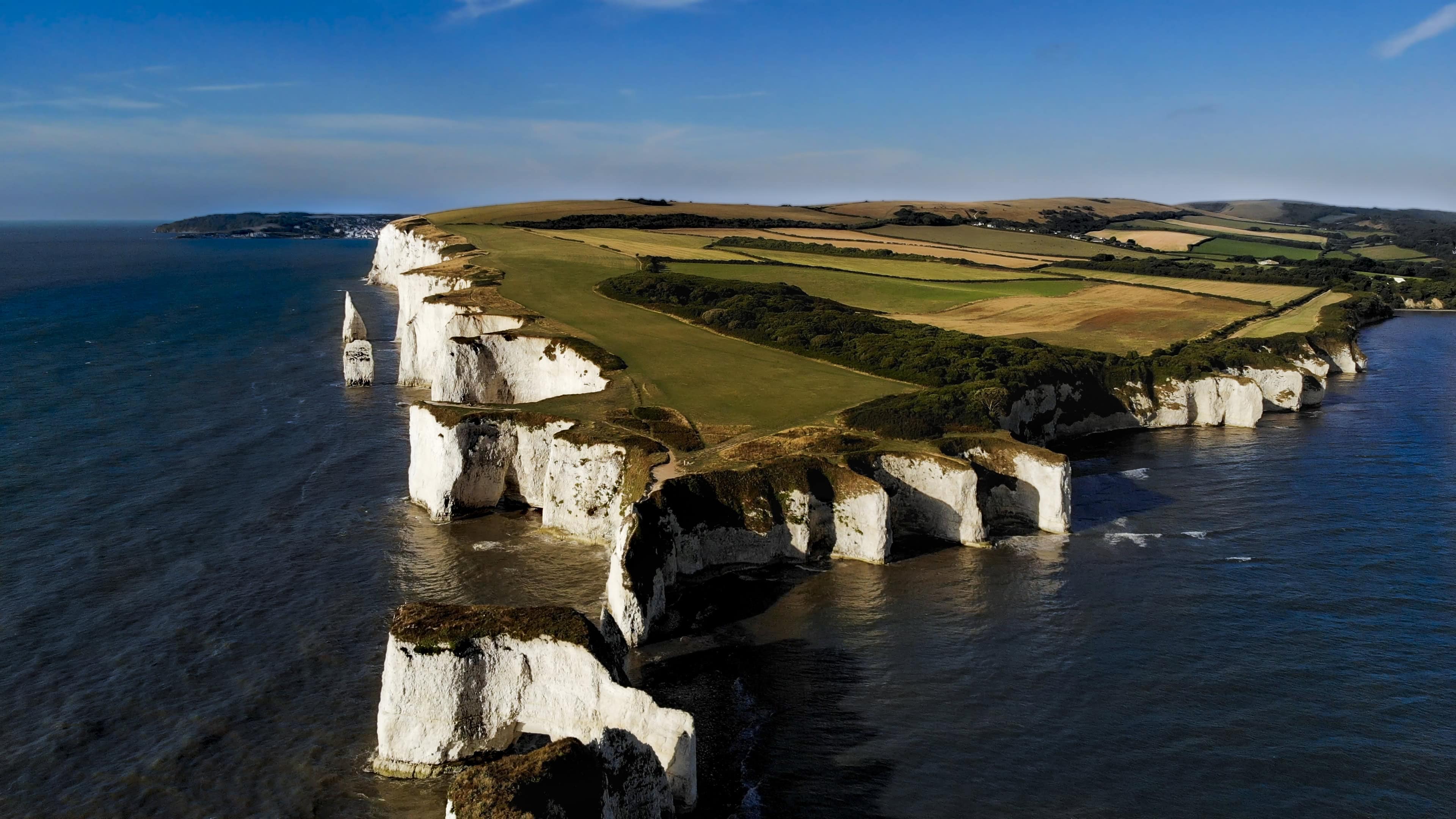 Aerial view of the Old Harry Rocks, a chalk formation in Dorset, England.